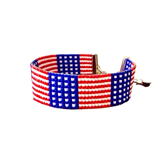Hand Crafted Jewelry - Handwoven loom cuff beaded bracelet adjustable US United States flag pattern